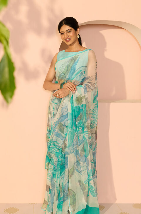 Blue Screen Printed Viscose Chiffon Saree