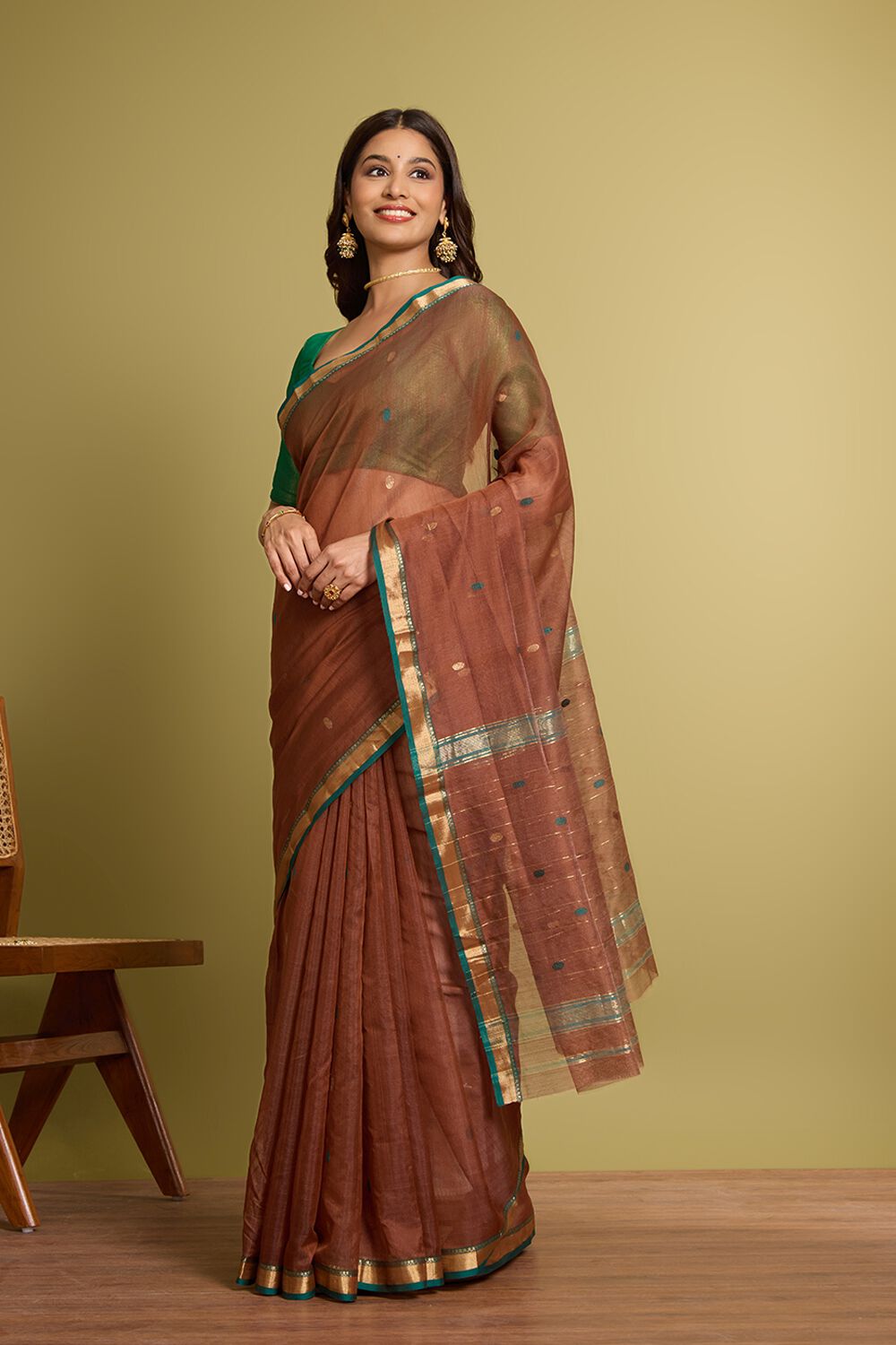 Brown Woven Pure Silk Cotton Chanderi Saree image number null