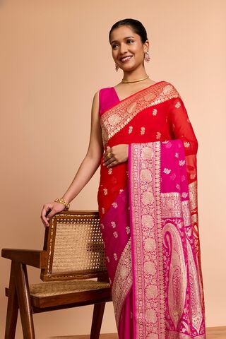 Red Pure Silk Georgette Cutwork Banaras Saree image number