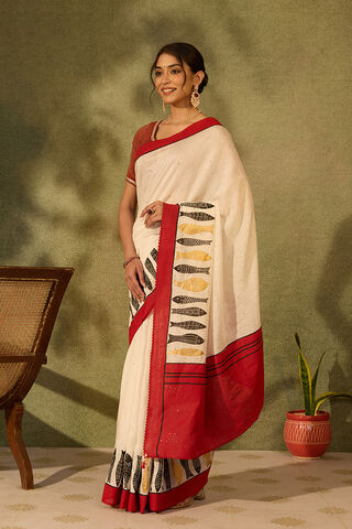 Off White Block Printed Pure Silk Linen Saree thumbnail image number null