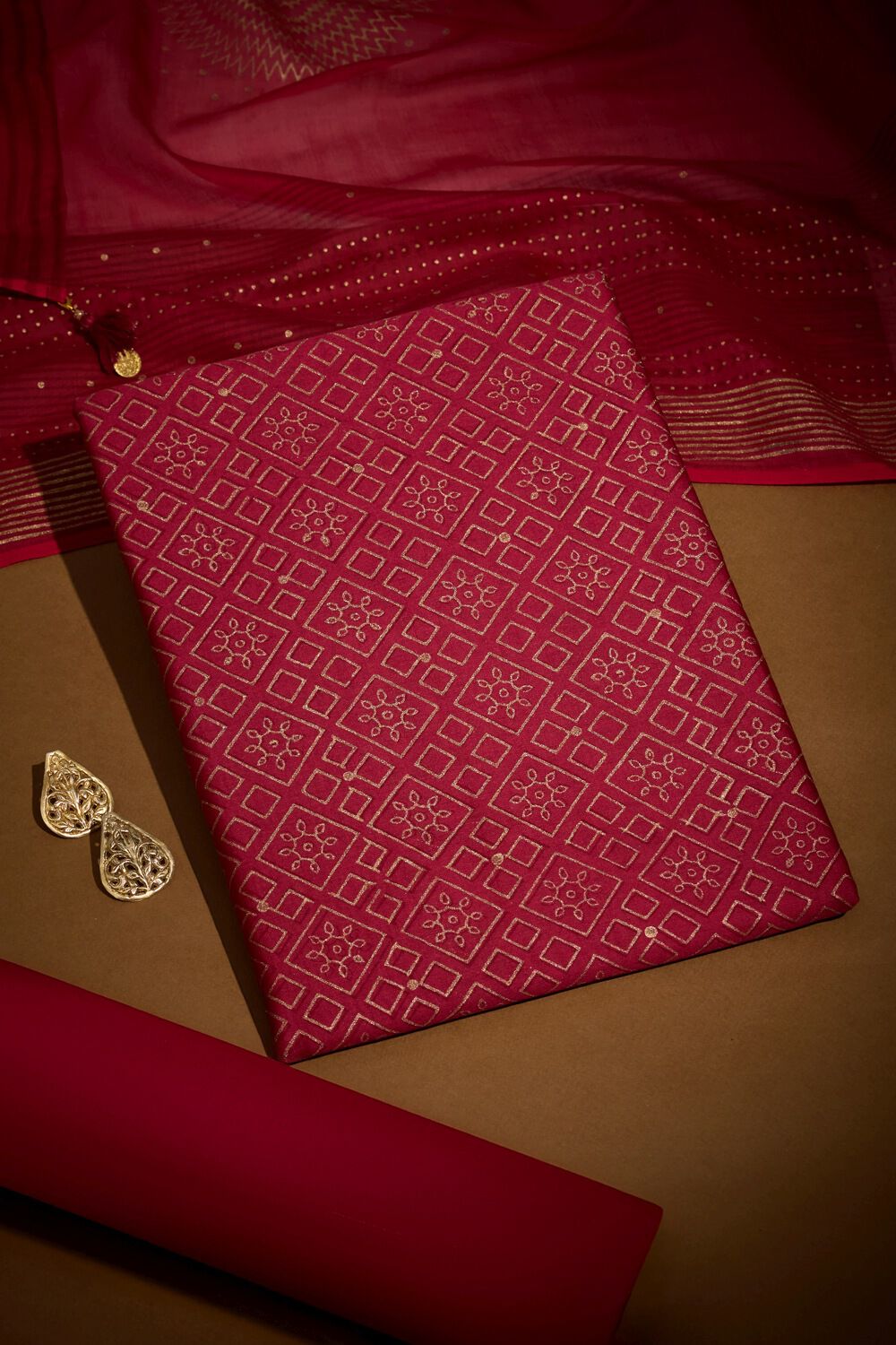 Dark Pink Pure Silk Cotton Block Printed Unstitched Suit Set image number null