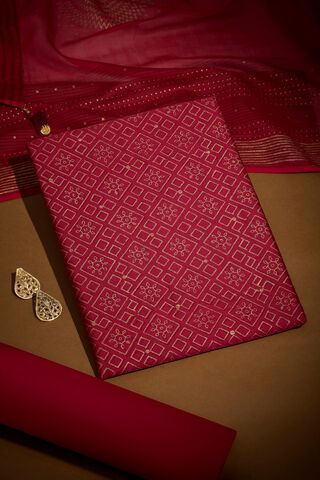 Dark Pink Pure Silk Cotton Block Printed Unstitched Suit Set image number