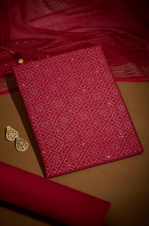 Dark Pink Pure Silk Cotton Block Printed Unstitched Suit Set