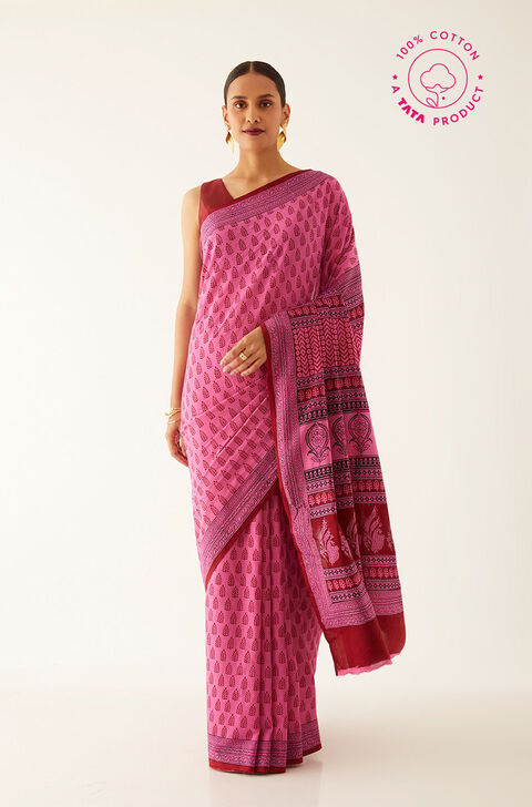 Pink Pure Cotton Bagh Printed Saree