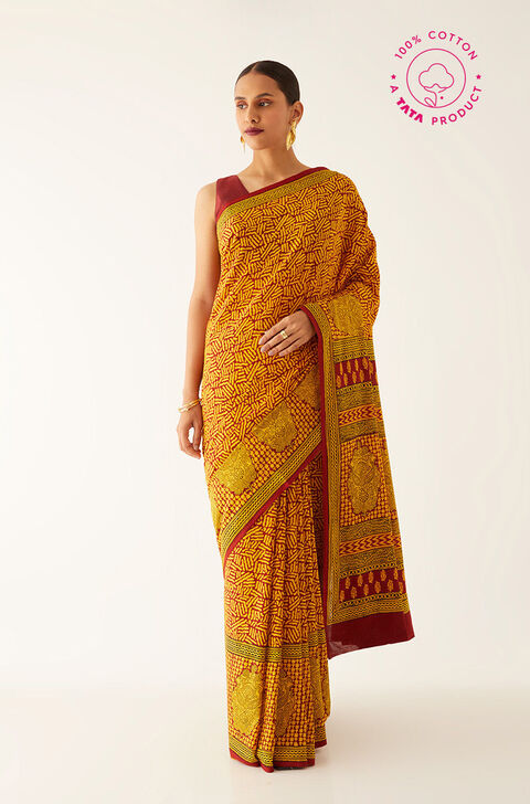 Yellow Pure Cotton Bagh Printed Saree