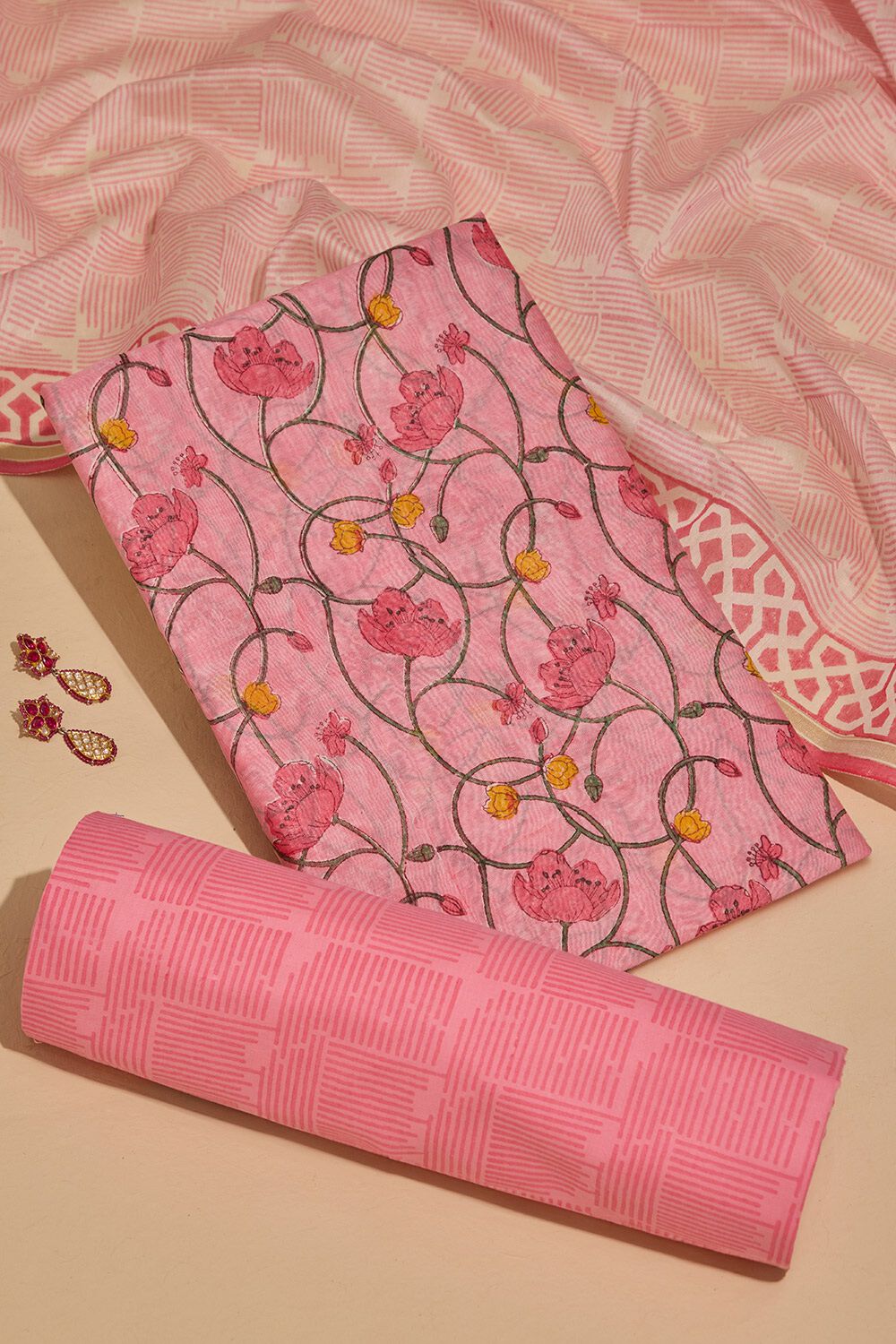 Light Pink Pure Silk Cotton Printed Sanganeri Unstitched Suit Set image number null