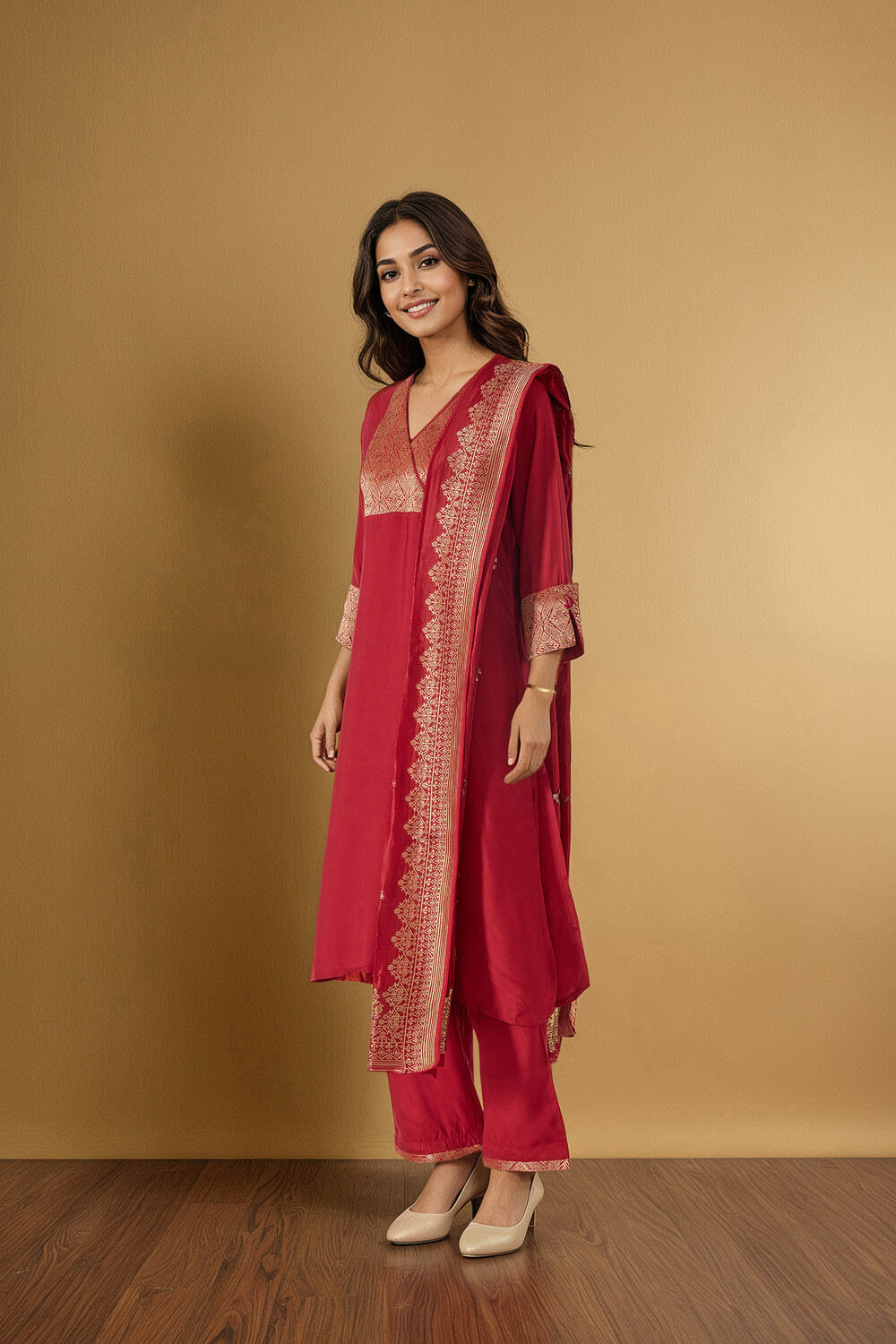 Red Brocade Pure Viscose Kurta Set image number null