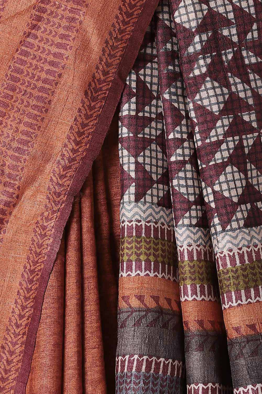 Dark Orange Pure Tussar Silk Printed Saree image number null