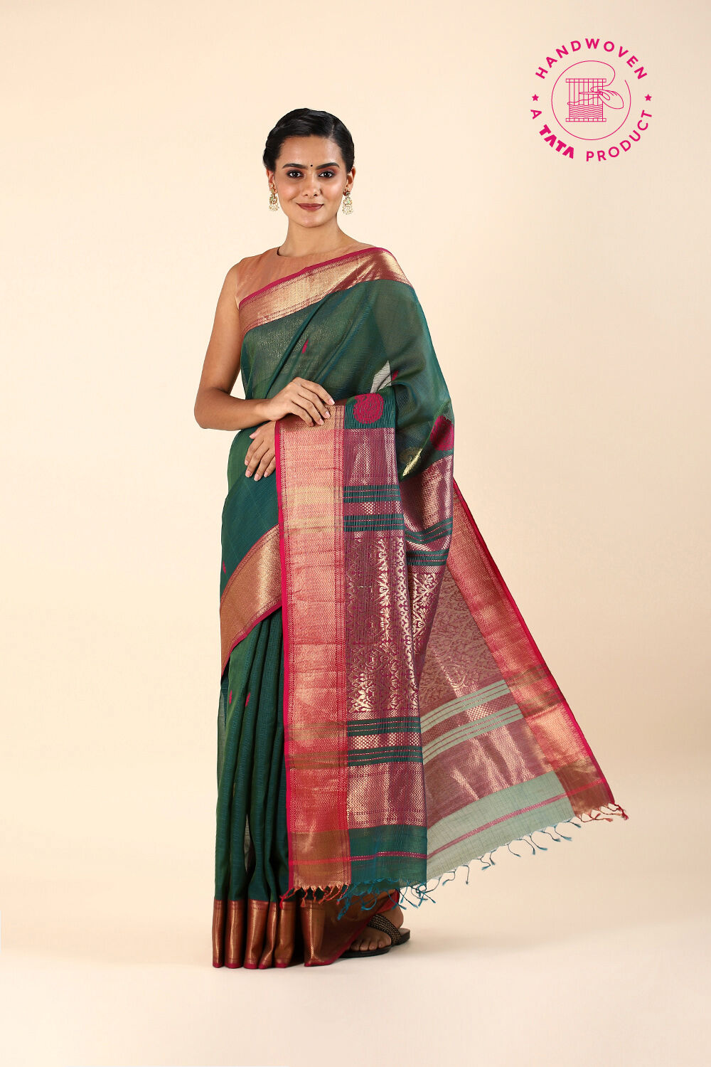 Dark Green Pure Silk Cotton Maheshwari Saree image number null
