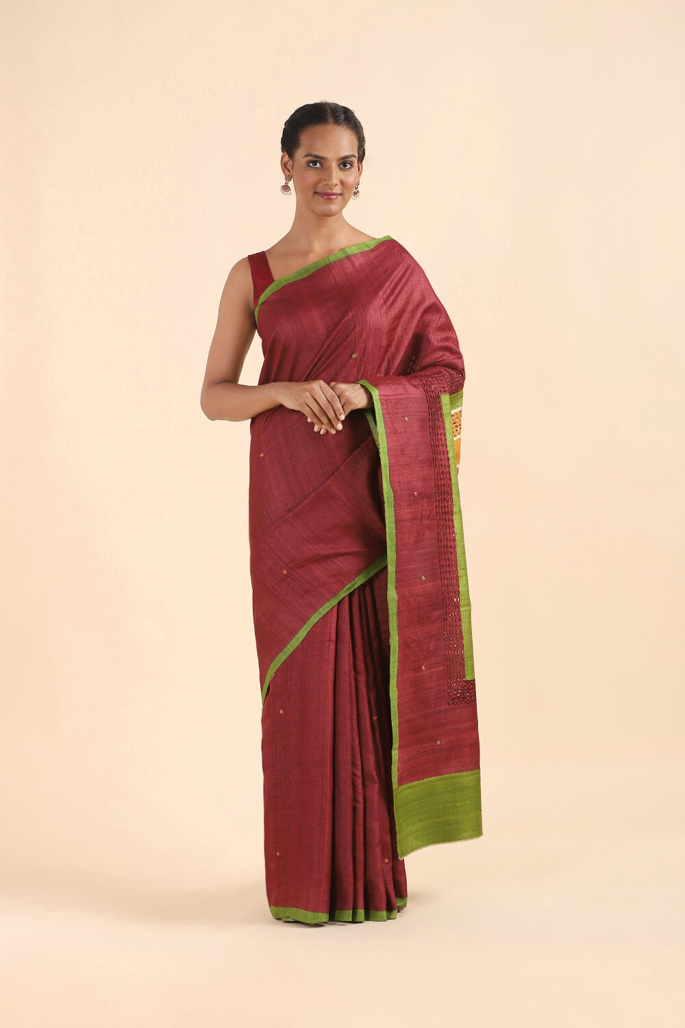 Dark Red Pure Tussar Silk Embroidered Saree image number null