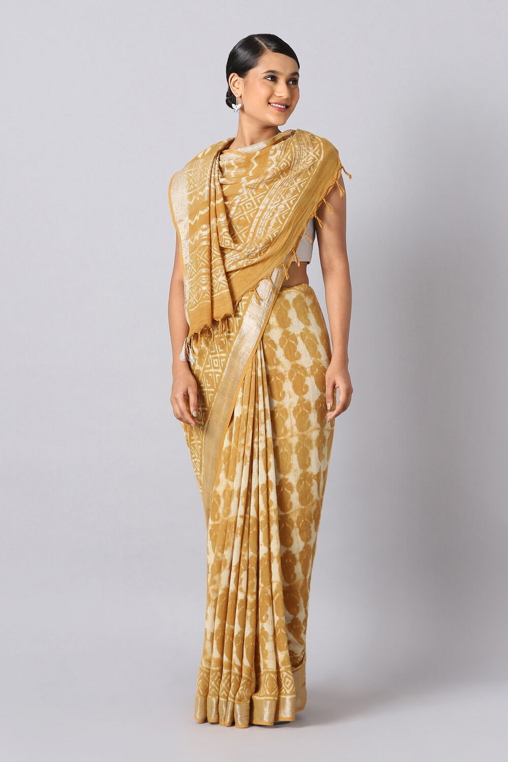 Yellow Pure Cotton Linen Bagru Printed Saree image number null
