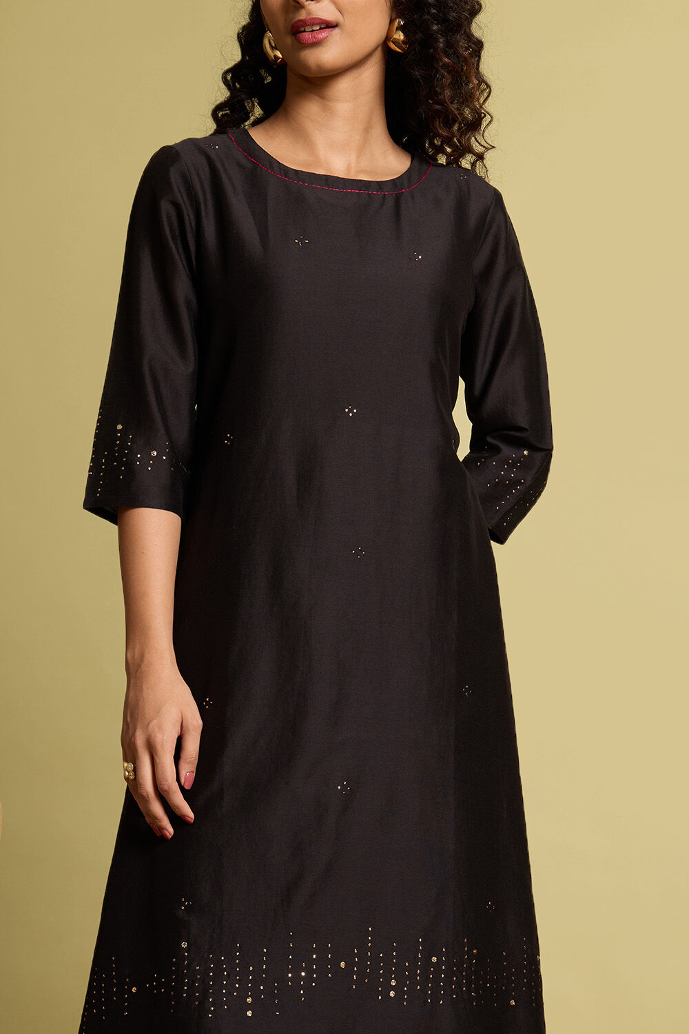 Black Pure Silk Cotton Mukaish Embroidered Kurta Set image number null