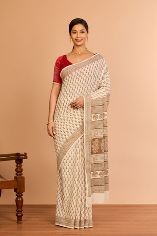 Off White Cotton Bagh Block Printed Saree thumbnail image number null
