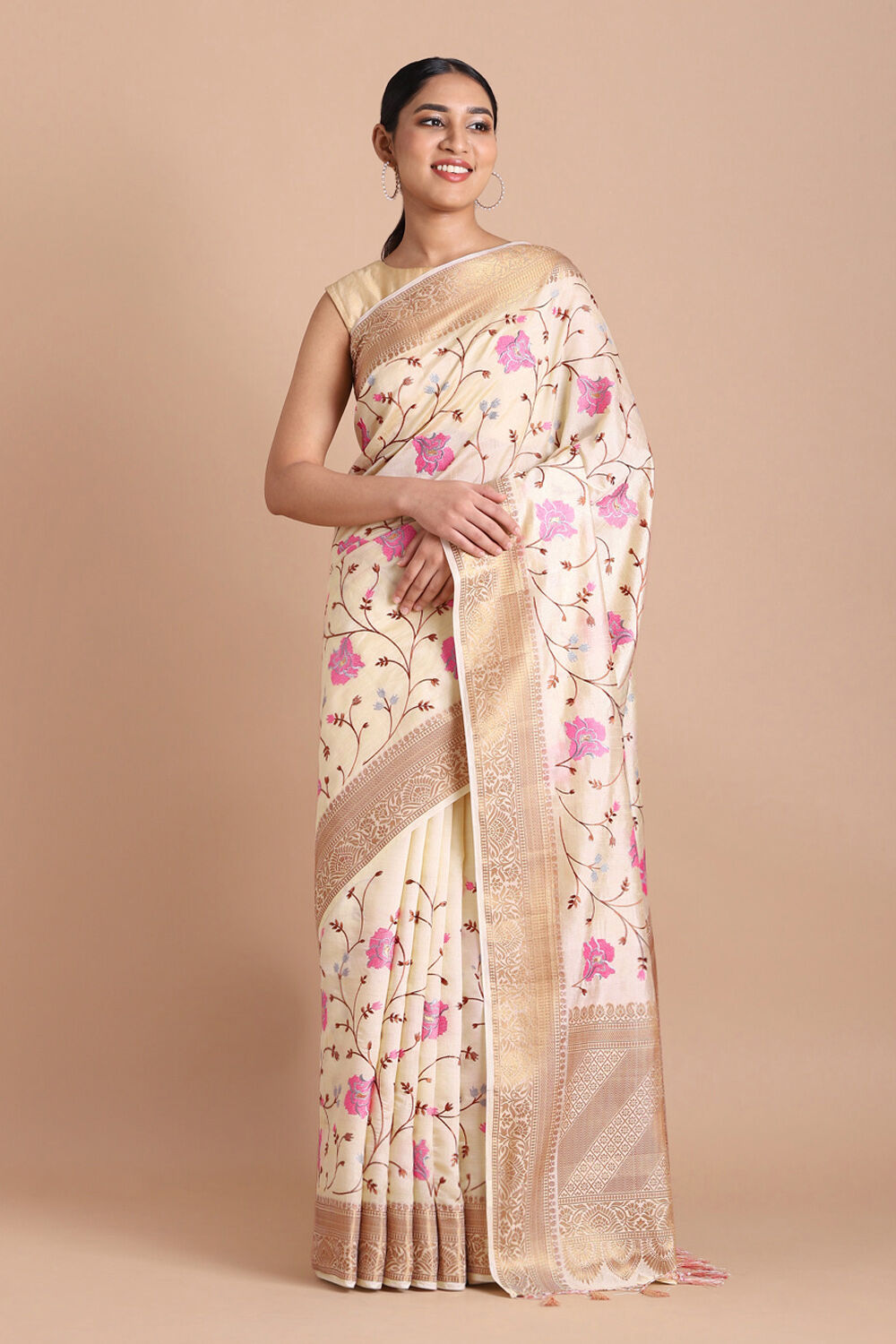 Beige Pure Embroidered Saree image number null