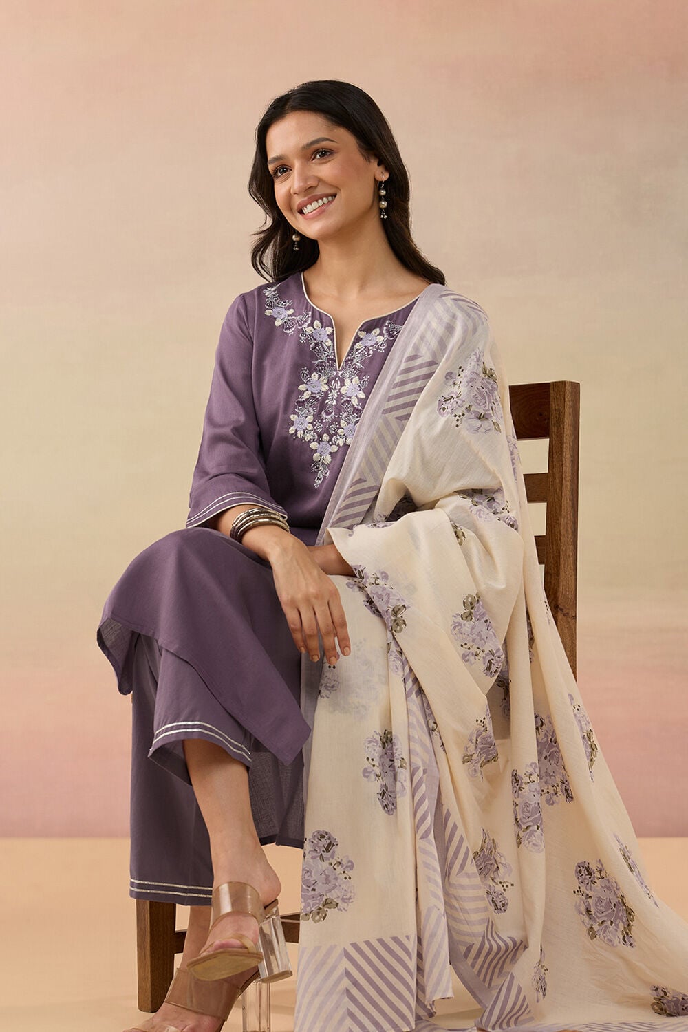 Violet Pure Cotton Embroidered Kurta Set image number null