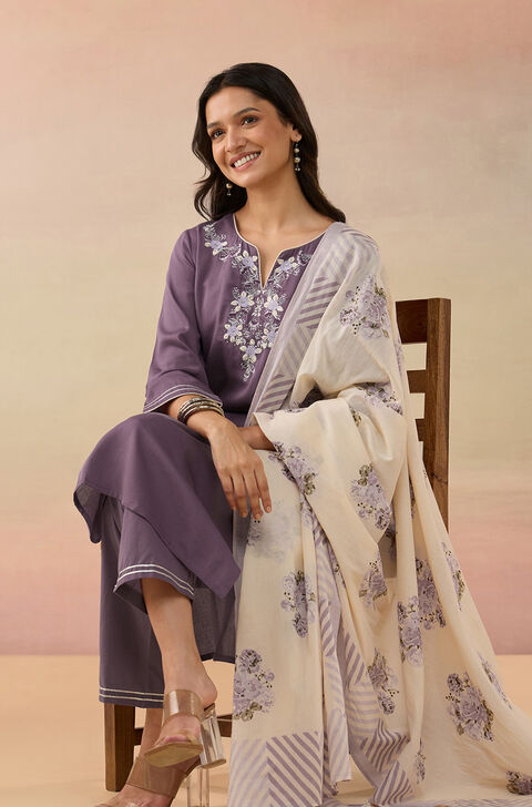 Violet Pure Cotton Embroidered Kurta Set
