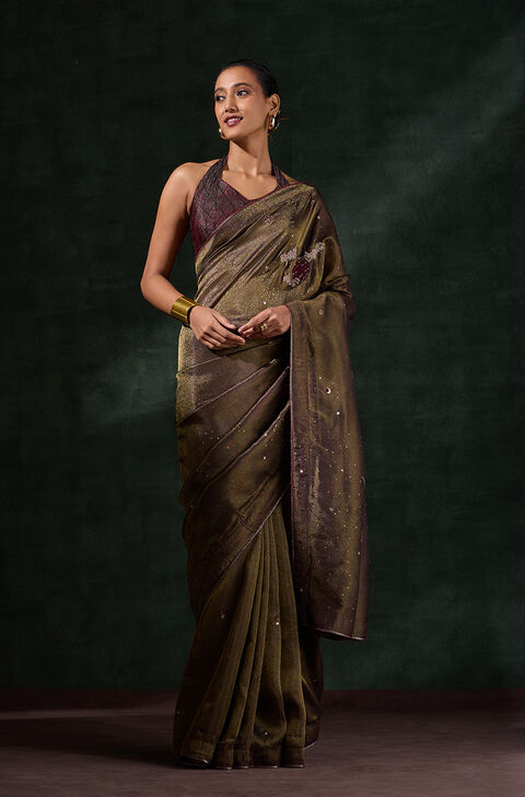 Brown Viscose Tissue Embroidered Saree