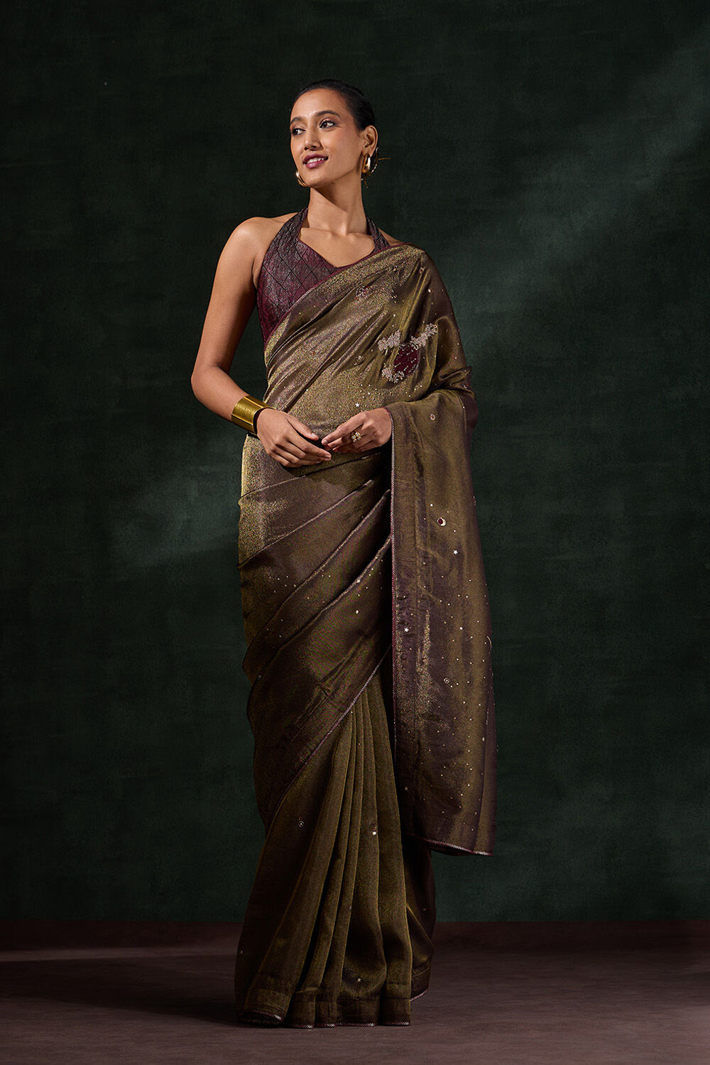 Brown Viscose Tissue Embroidered Saree image number null