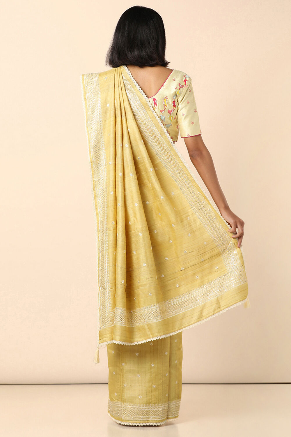 Yellow Pure Tussar Embroidered Saree image number null