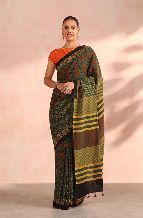 Green Gujarat Pure Cotton Ajrakh Block Print Saree