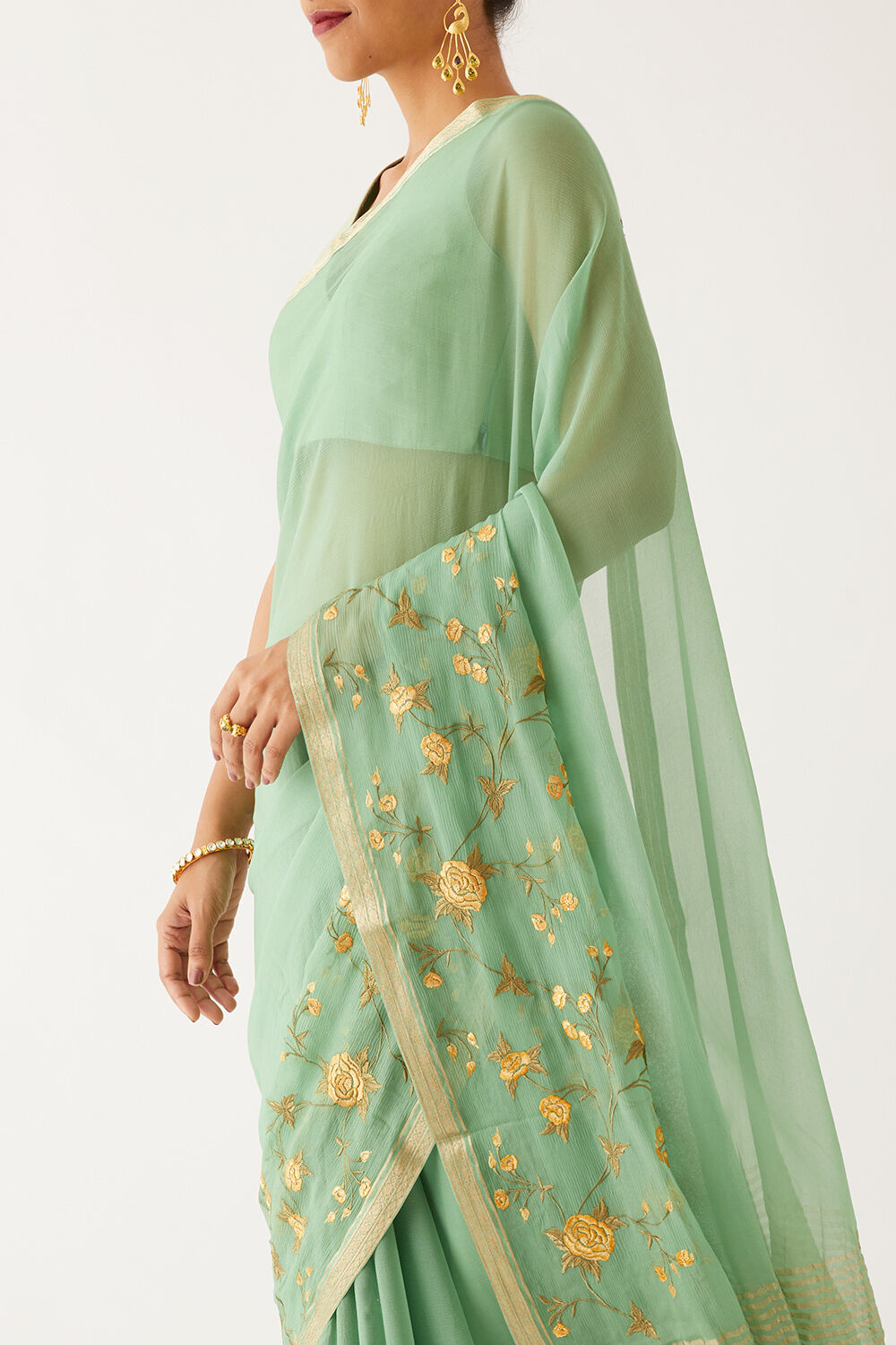 Light Green Pure Chiffon Embroidered Saree image number null