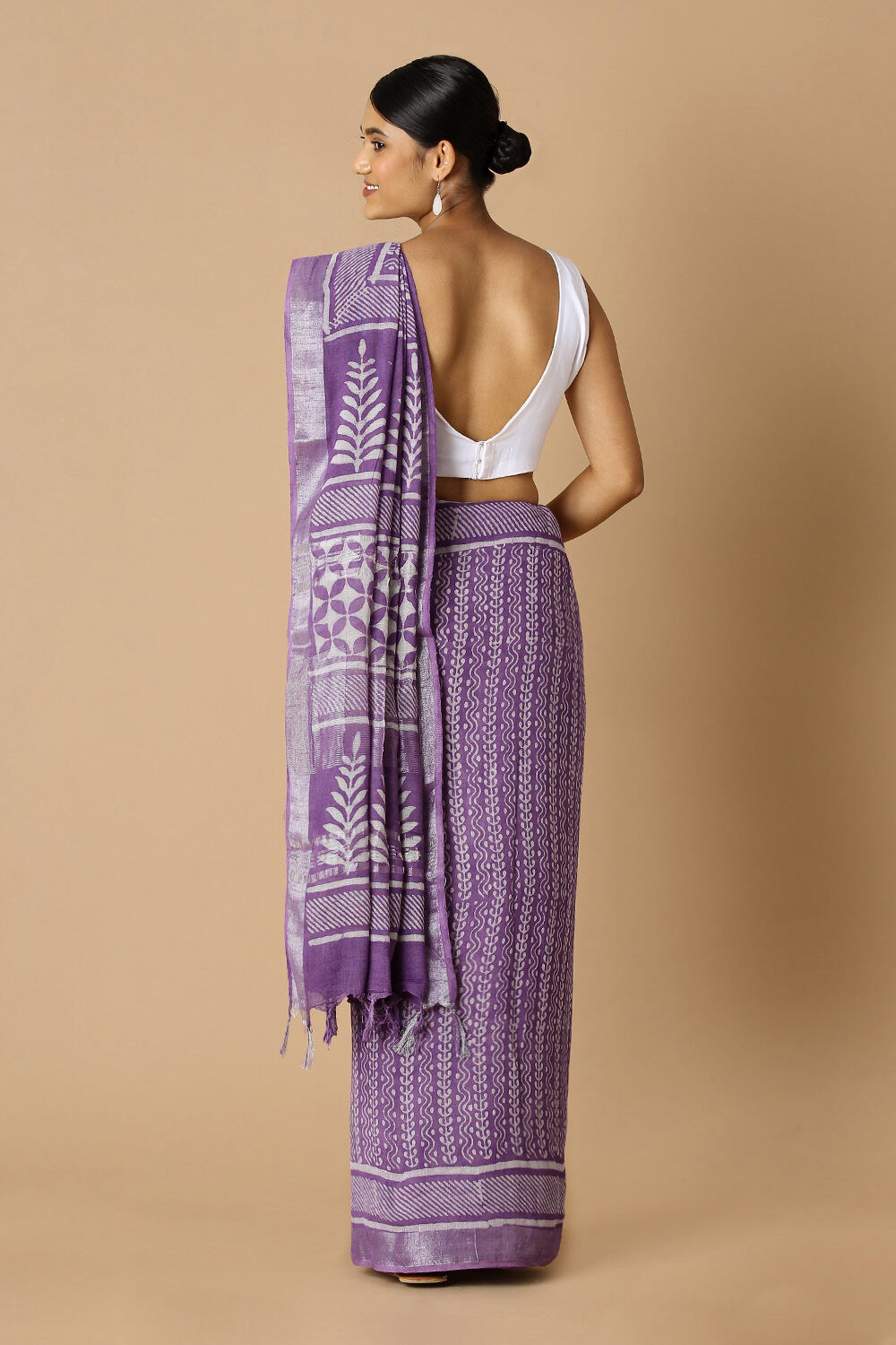 Violet Pure Cotton Linen Bagru Printed Saree image number null