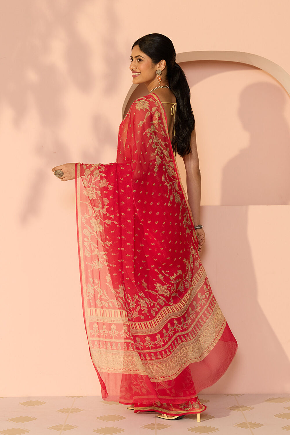Red Screen Printed Viscose Chiffon Saree image number null