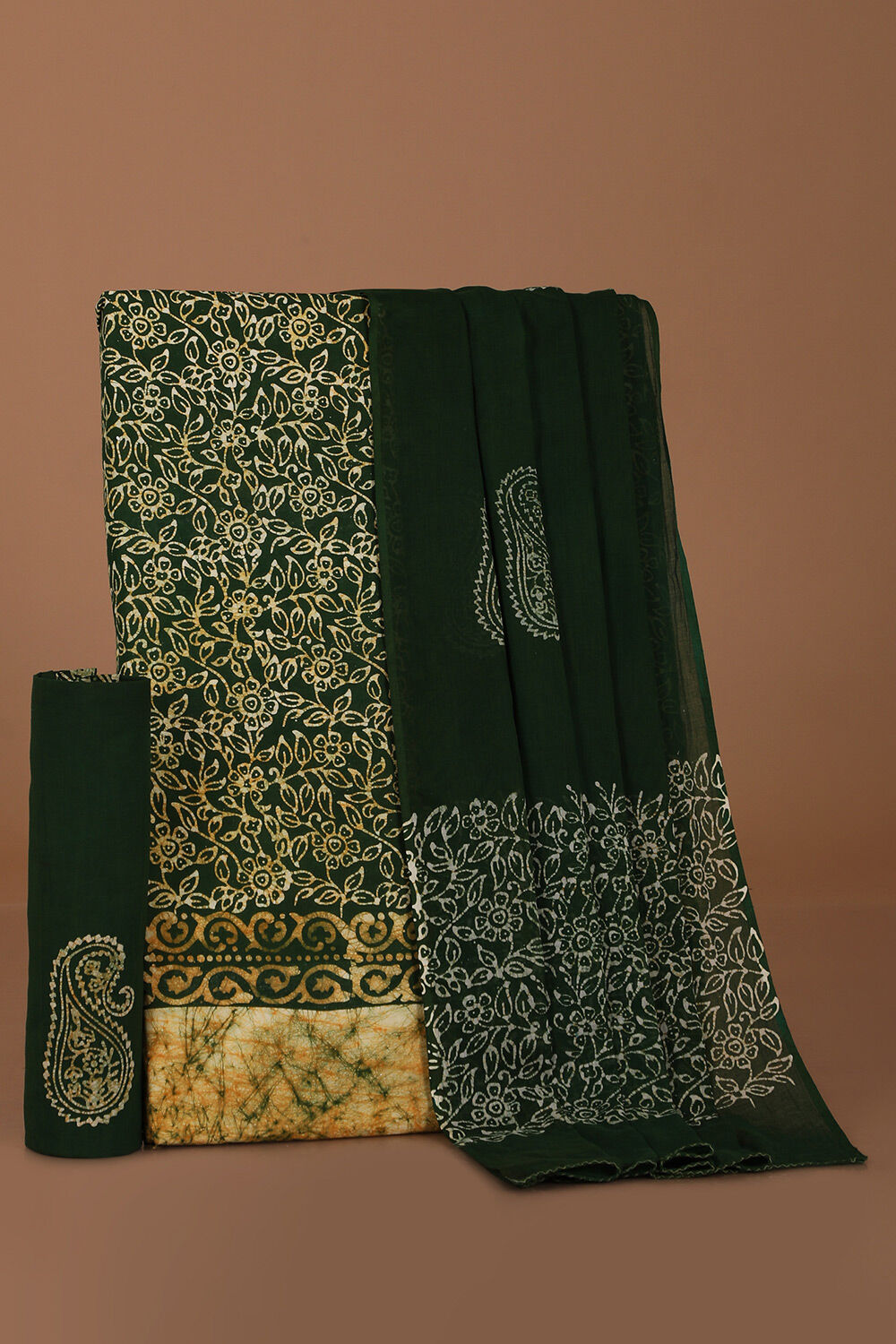 Dark Green Pure Cotton Batik Unstitched Suit Set image number null