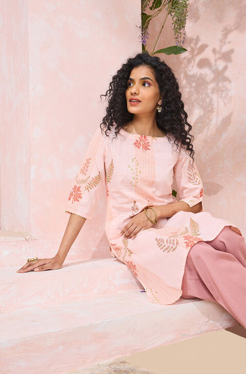 Light Pink Block Printed Pure Cotton Kurta