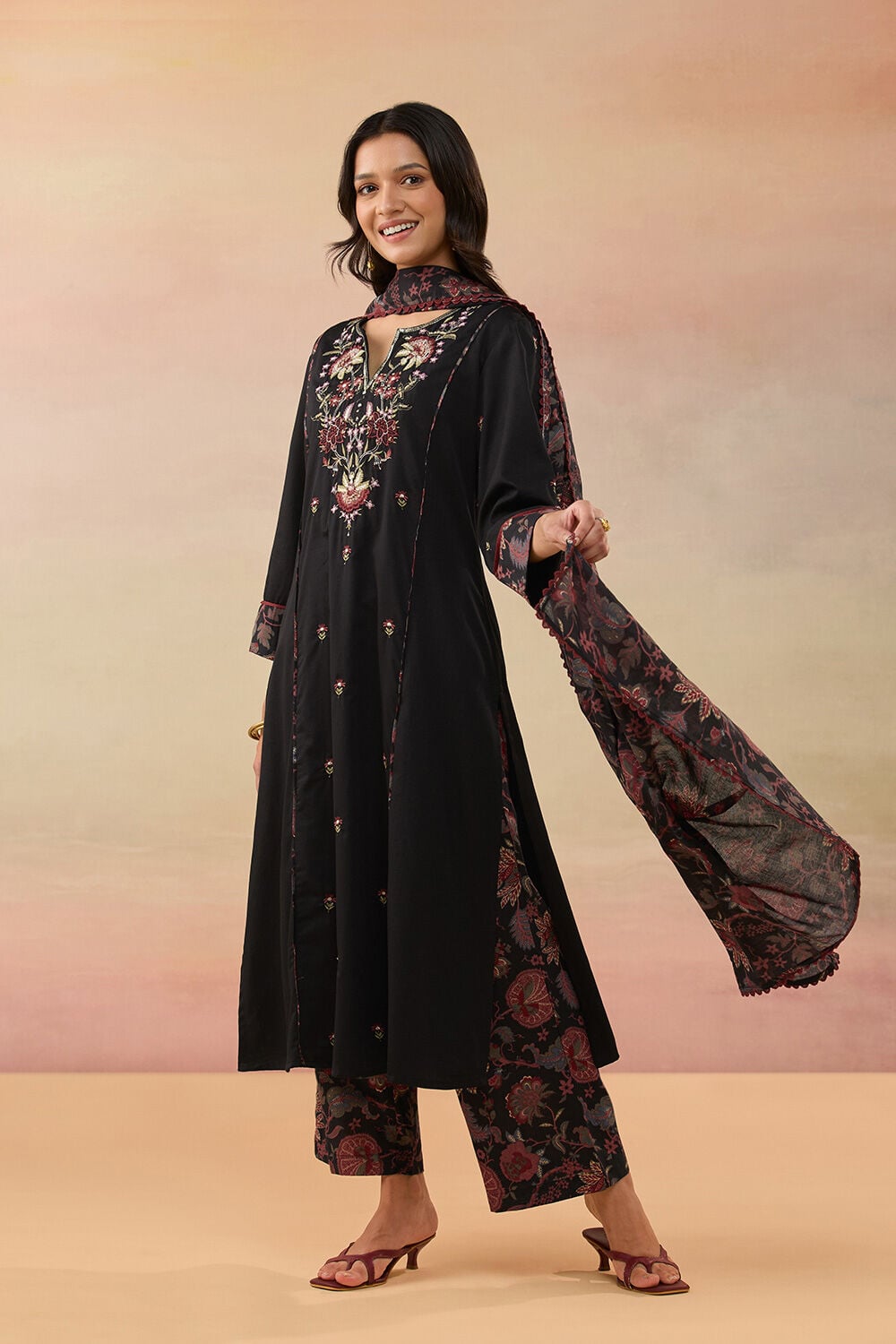 Black Pure Cotton Embroidered Kurta Set image number null