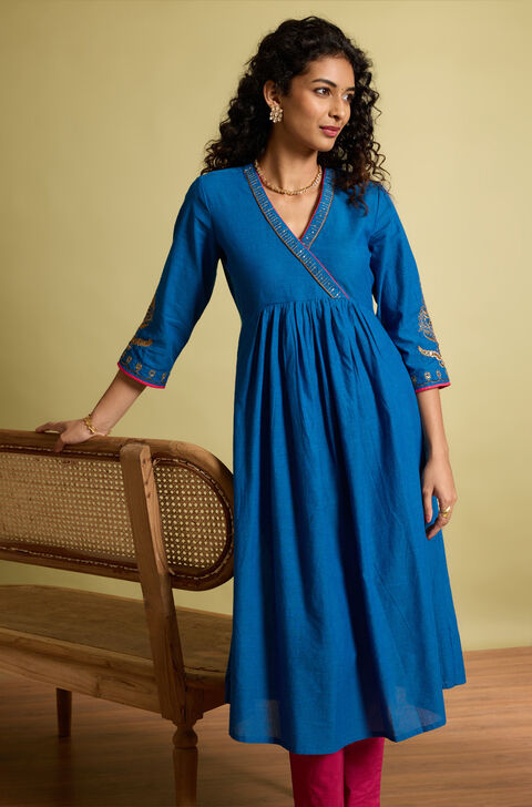 Blue Embroidered Pure Cotton Kurta