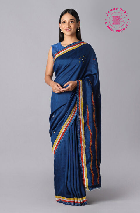 Blue Pure Silk Hand Painted Saree