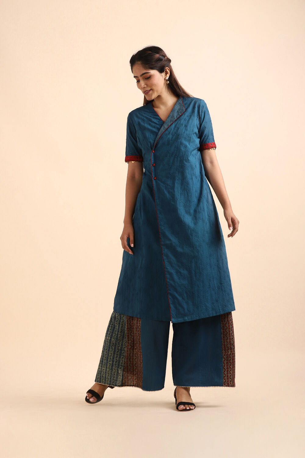 Dark Blue Embroidered Cotton Kurta Set image number null