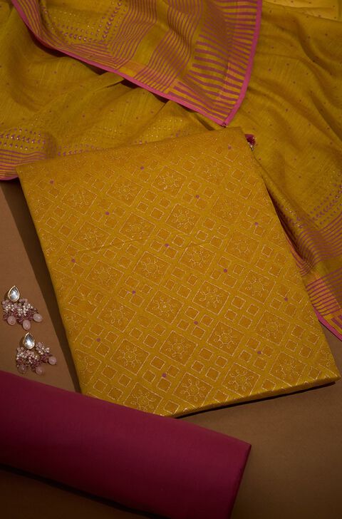Light Yellow Block Printed Pure Silk Cotton Unstitched Suit Set