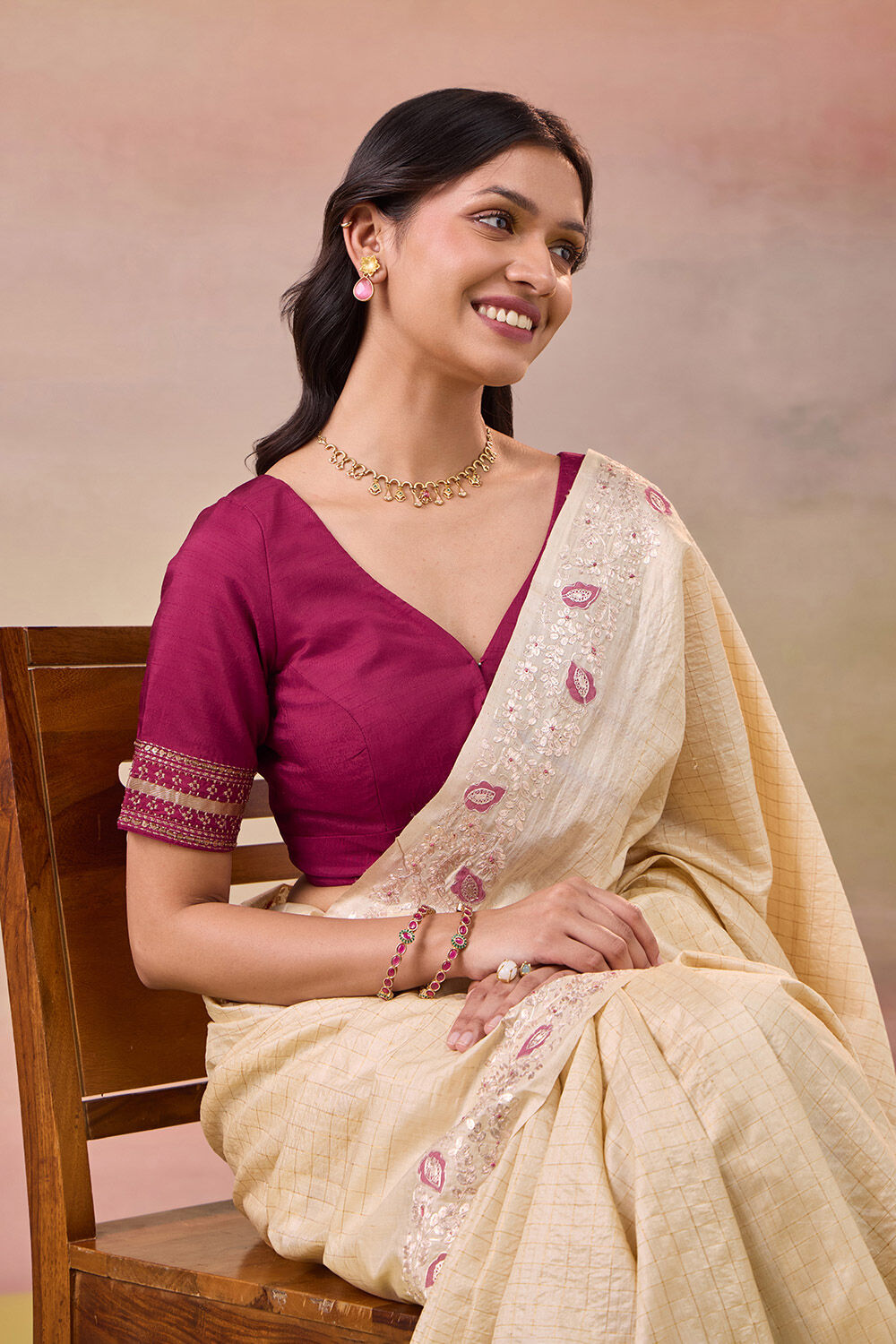 Dark Pink Pure Viscose Embroidered Blouse image number null