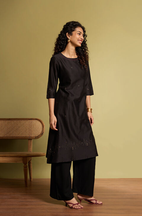 Black Pure Silk Cotton Mukaish Embroidered Kurta Set