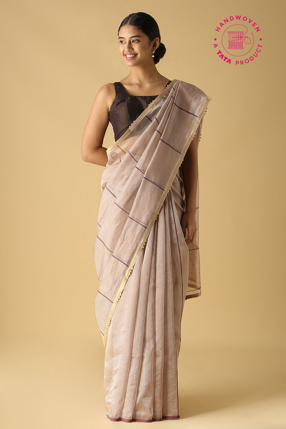 Brown Pure Tissue Silk Embroidered Saree image number null