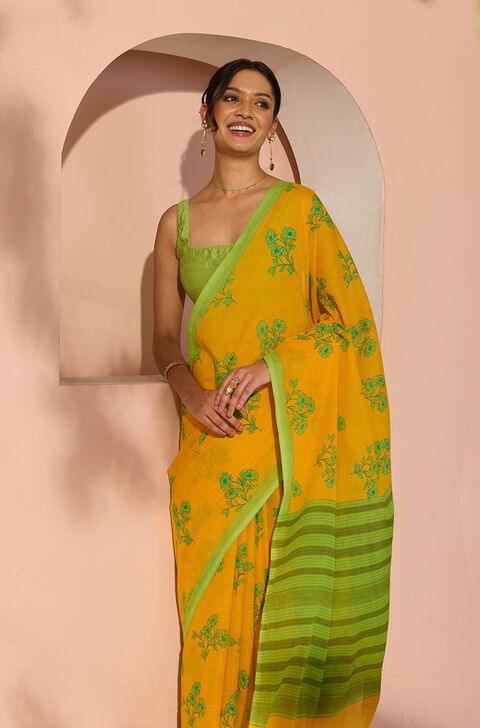 Yellow Bengal Screen Printed Pure Cotton Mulmul Saree