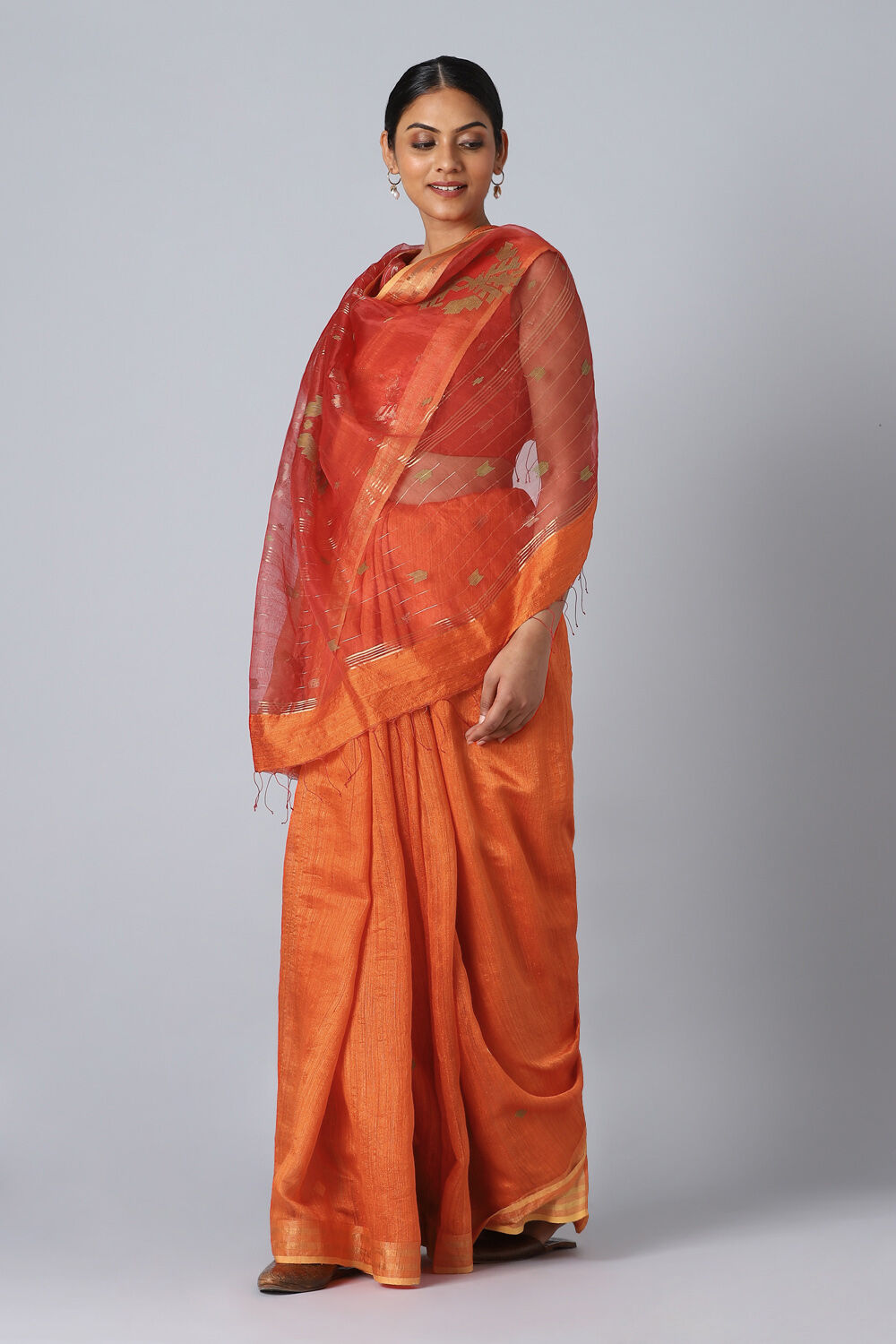 Orange Pure Silk Vanya Bengal Jamdani Saree image number null