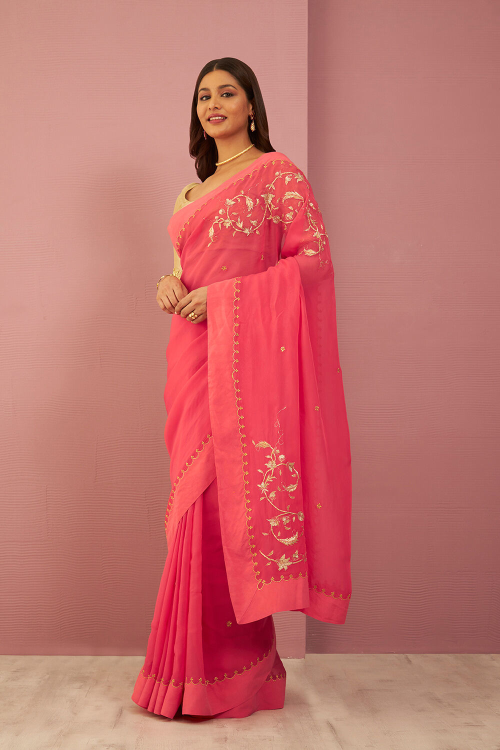 Pink Viscose Organza Gota Patti Saree image number null