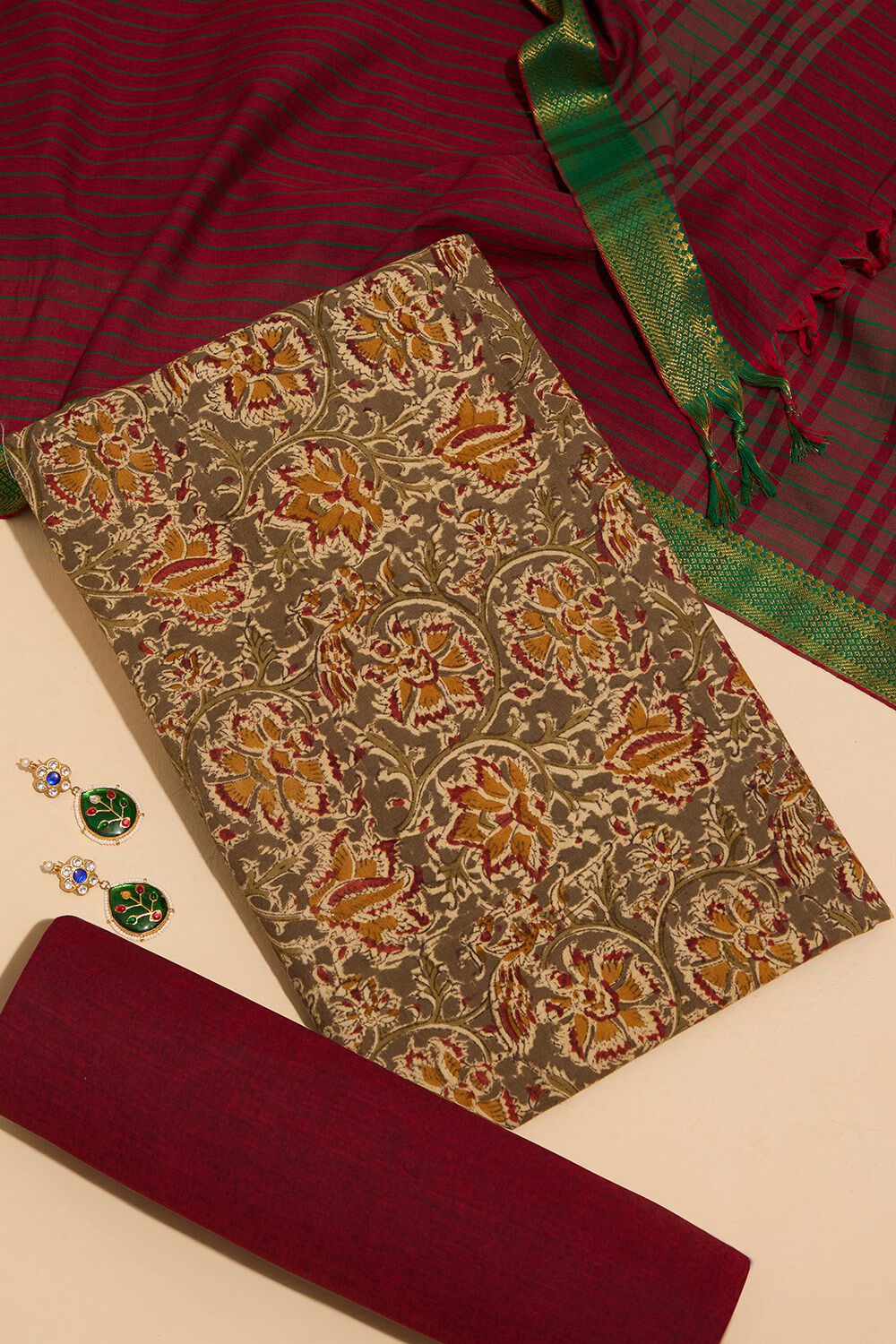 Grey Printed Kalamkari Pure Cotton Unstitched Suit Set image number null