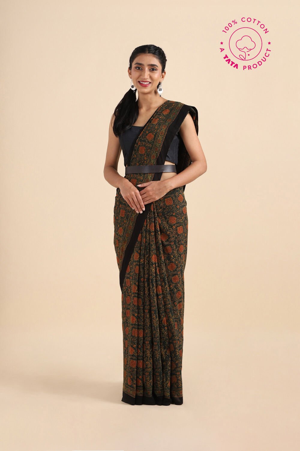 Green Pure Cotton Ajrakh Printed Saree image number null