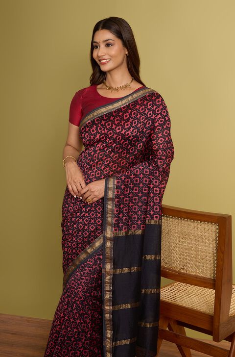 Black Pure Silk Cotton Batik Saree