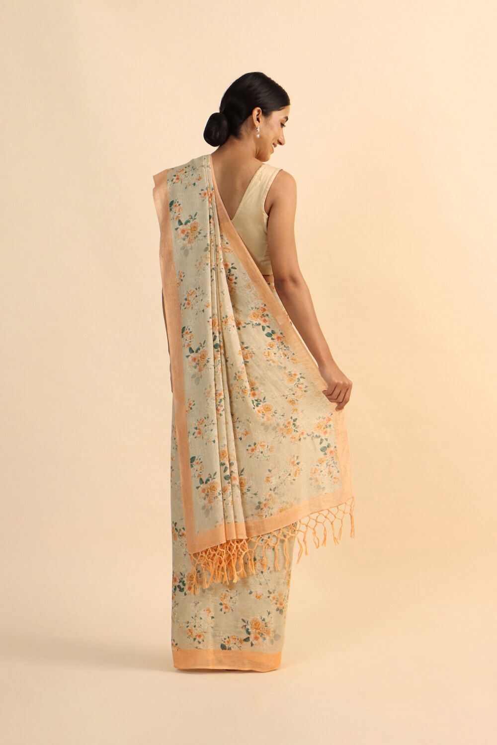 Beige Pure Linen Digital Printed Saree image number null