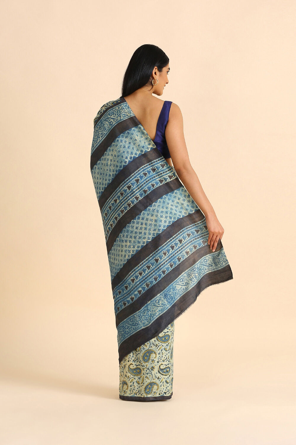 Blue Ajrakh Hand Blockprinted Pure Silk Saree image number null