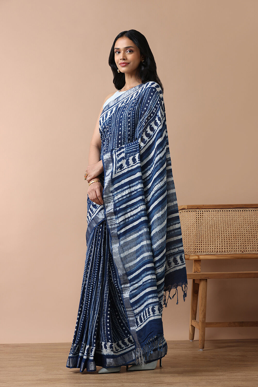 Blue Cotton Viscose Rajasthan Block Printed Saree image number null