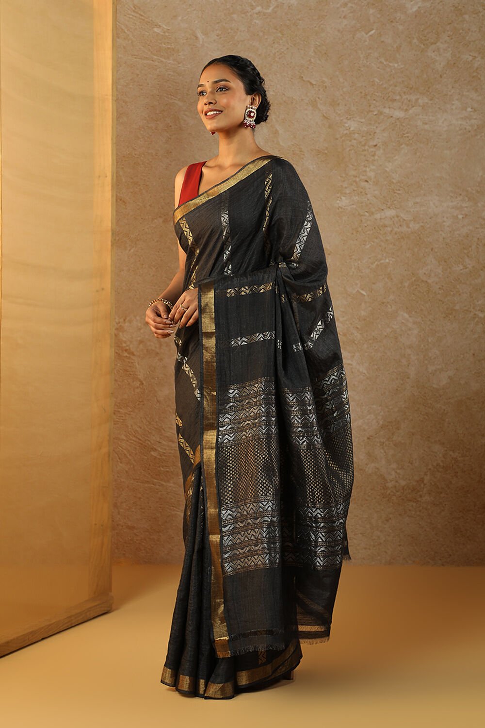 Black Chattisgarh Woven Pure Tussar Silk Saree image number null