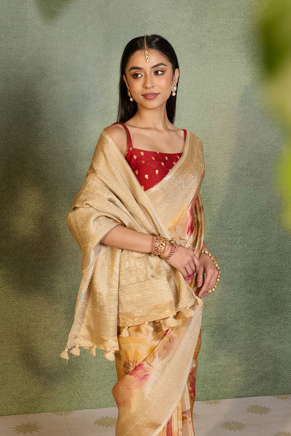 Beige Printed Viscose Tissue Saree image number null
