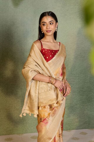 Beige Printed Viscose Tissue Saree image number