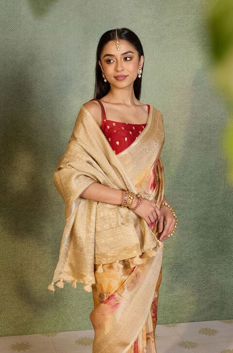 Beige Printed Viscose Tissue Saree